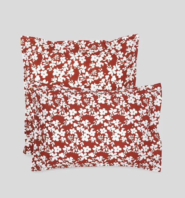 TAIE D'OREILLER FLEURS ROUILLE PERCALE BIO