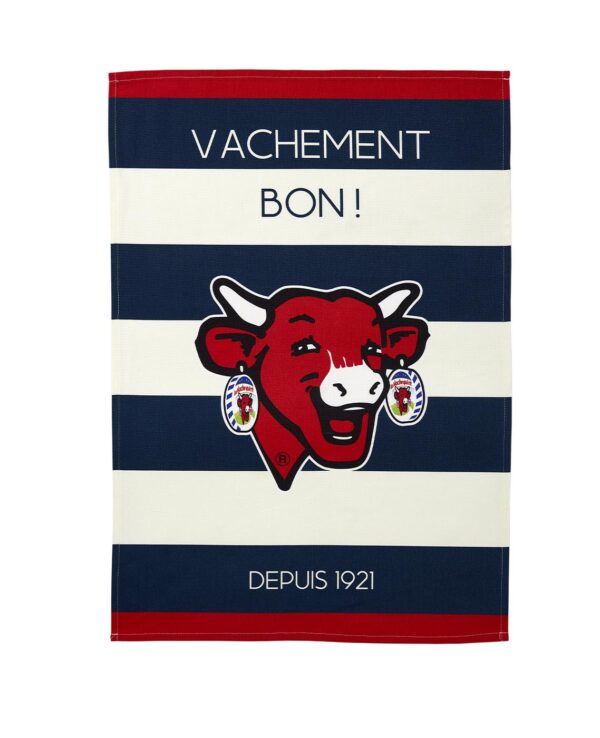 TORCHON VACHE QUI RIT RAYE BLEU