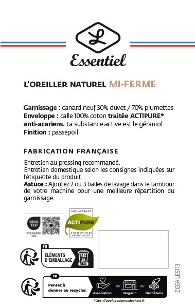 OREILLER ESSENTIEL 30% DUVET 70% PLUMETTES